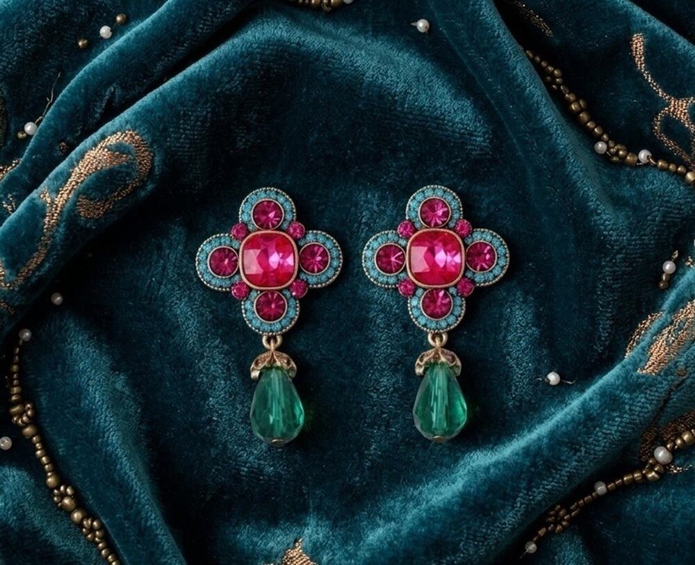 Cross Museum Art Earrings Flower Court Revival 14k Stud Gold Retro CZ Deco VTG